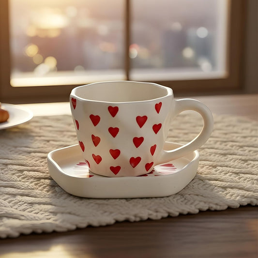 Heart Print Ceramic Coffee Mug and Saucer Set (Standard,2, 250 ml) | Aesthetic Tea Cup | Cute Coffee Mug, Coffee Cups & Mugs | Best Gift for Couples