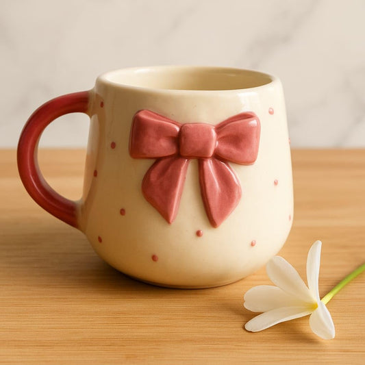 Cute Pink Bow Ceramic Mug for Coffee Tea Milk | 3D Bow Design Gift Mug for Girls Women Kids
