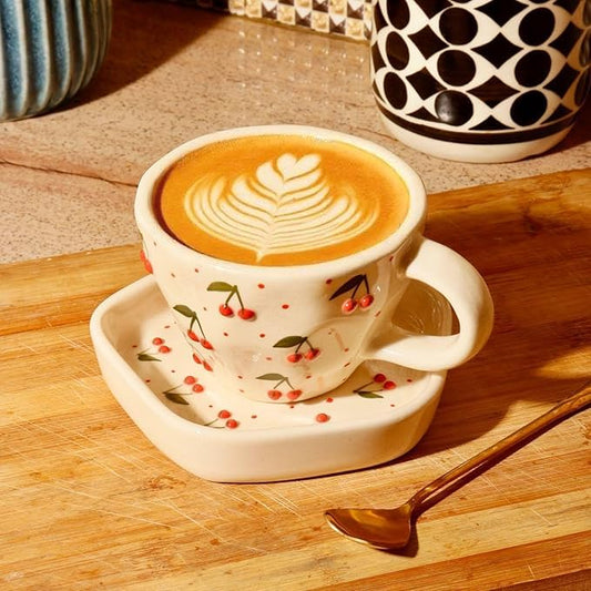 Ceramic Coffee Cup and Saucer Set, Cherry Pattern Design, White, 250ml for Gift Aniversary and Birthday