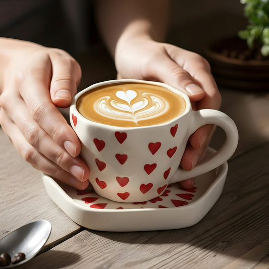 Heart Print Ceramic Coffee Mug and Saucer Set (Standard,2, 250 ml) | Aesthetic Tea Cup | Cute Coffee Mug, Coffee Cups & Mugs | Best Gift for Couples
