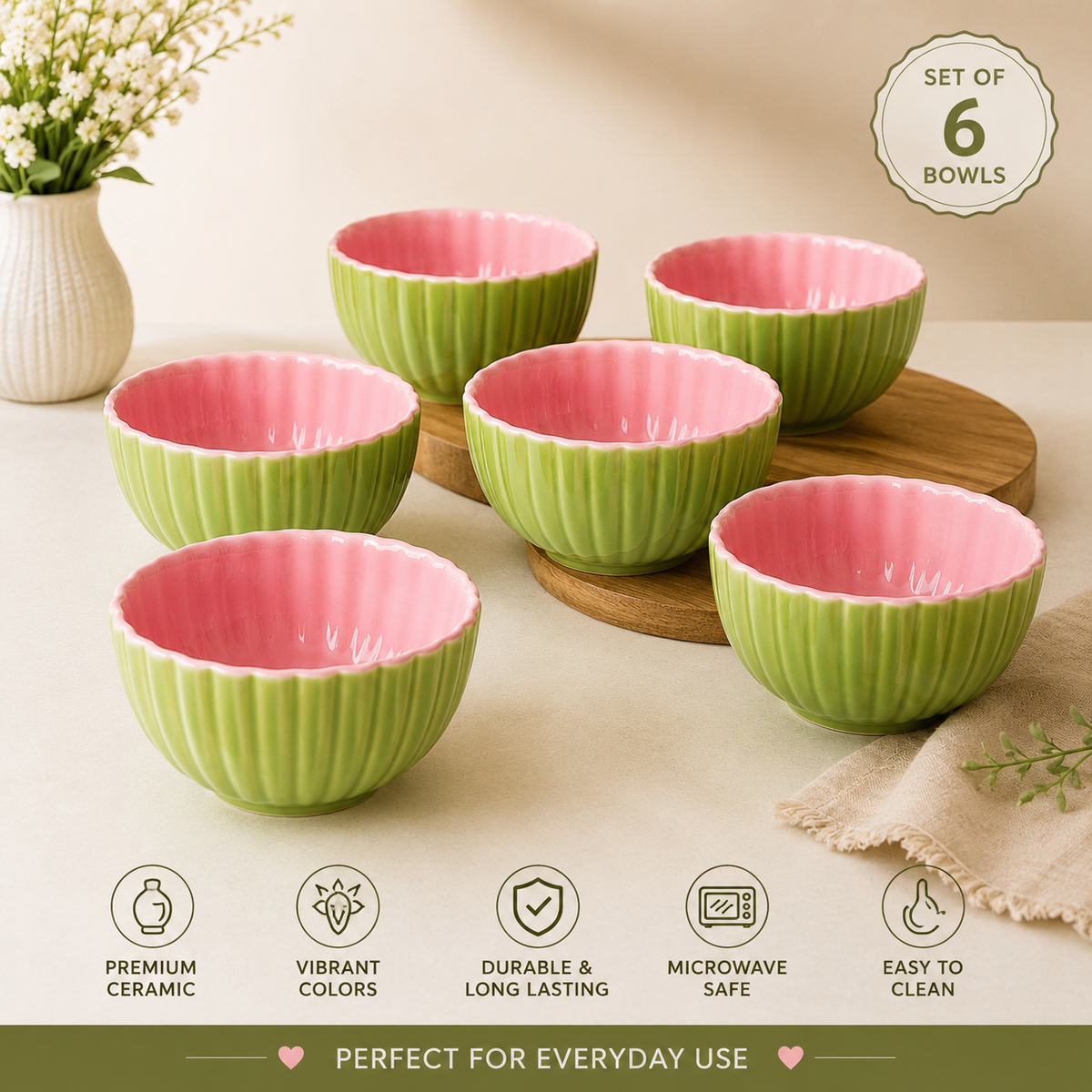 Ceramic bowl set of 6 ( Pink and Green combo)