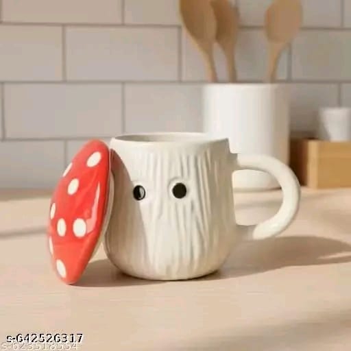 Red Mushroom Ceramic Mug with Lid | Cute Toadstool Design Coffee & Tea Mug for Home, Office & Gifting (300 ml)