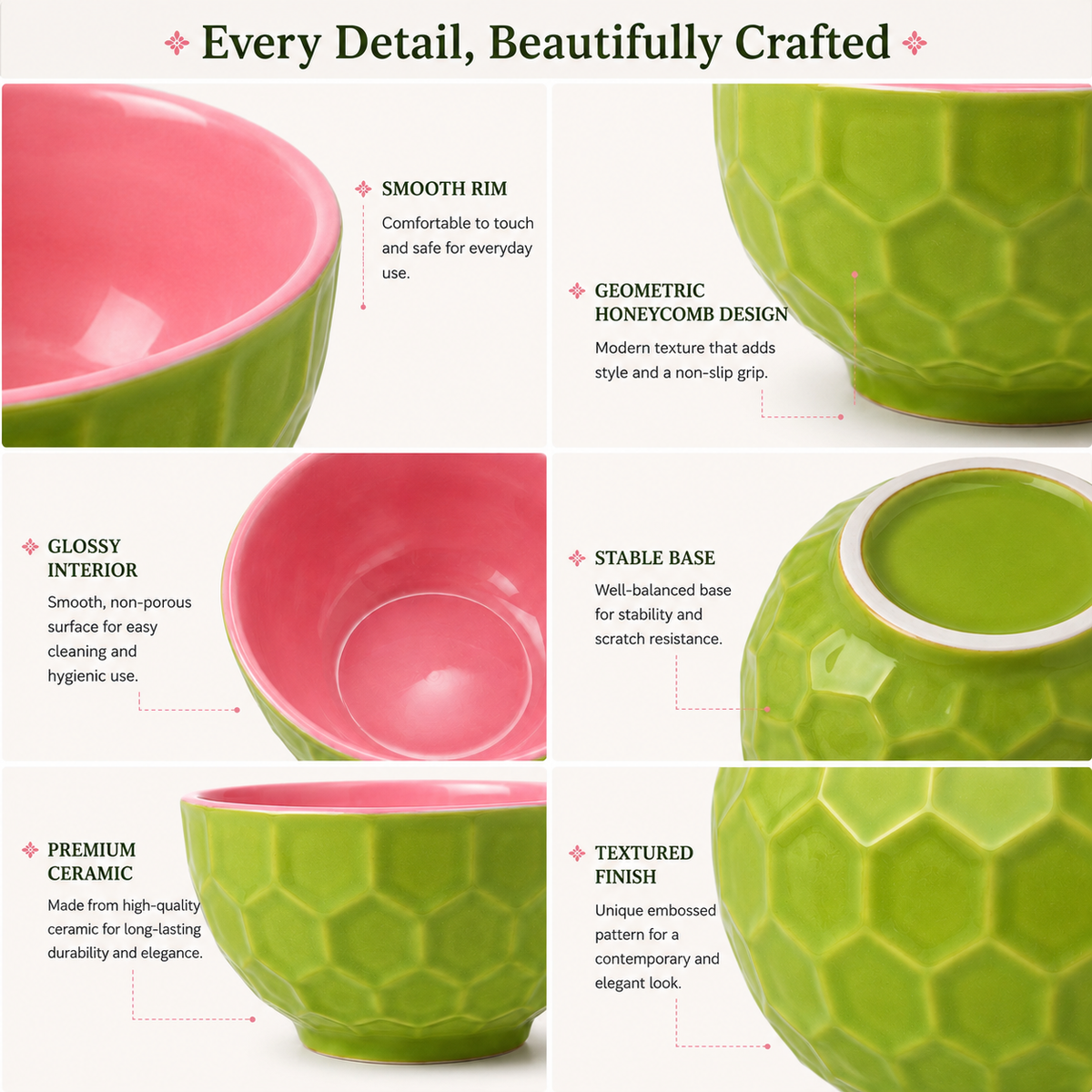Ceramic bowl set of 6 ( Pink and Green combo)