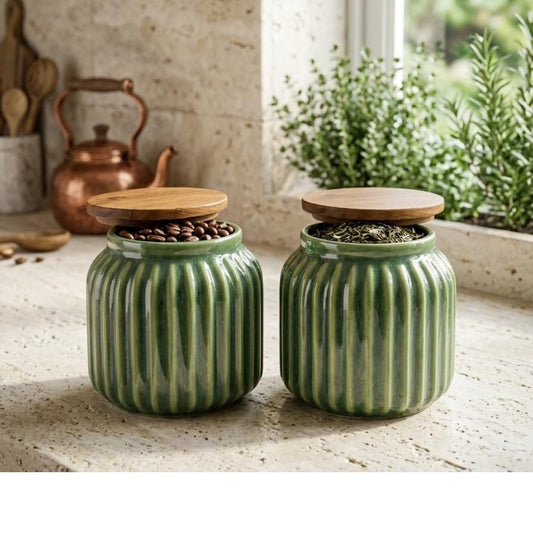 Green colour ceramic container set of 2