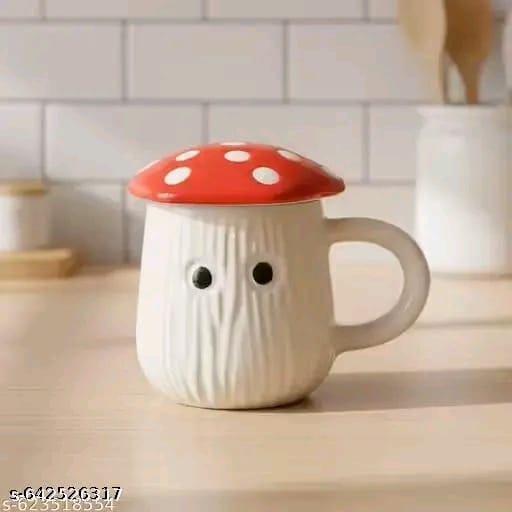 Red Mushroom Ceramic Mug with Lid | Cute Toadstool Design Coffee & Tea Mug for Home, Office & Gifting (300 ml)