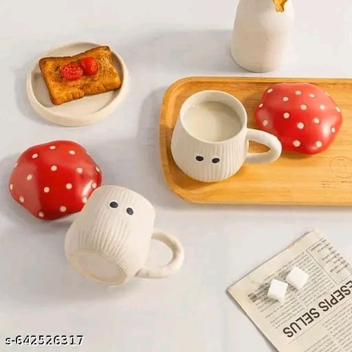 Red Mushroom Ceramic Mug with Lid | Cute Toadstool Design Coffee & Tea Mug for Home, Office & Gifting (300 ml)